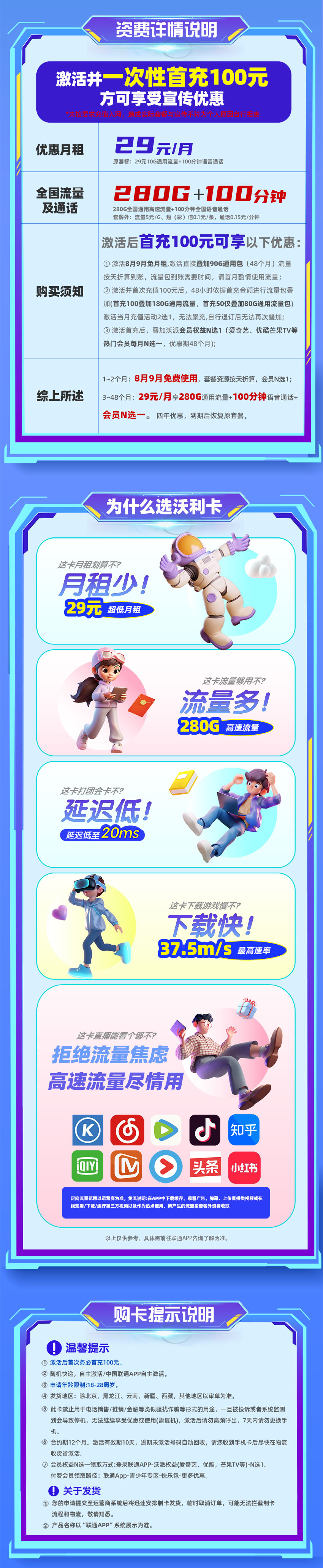 联通沃利卡29元/月享280G通用流量+100分钟通话+会员N选1  第2张