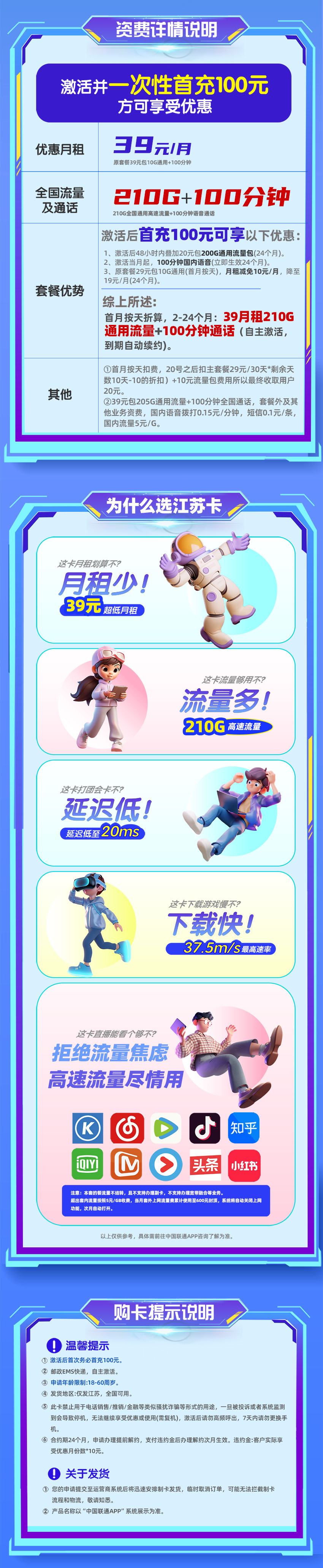 联通江苏B卡39元/月210G全国通用流量+100分钟通话  第2张