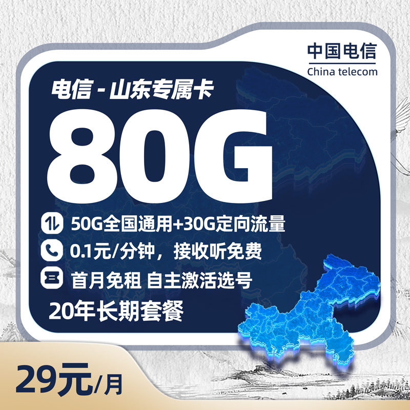 电信山东专属卡29元/月享50G全国通用+30G定向流（激活选号）