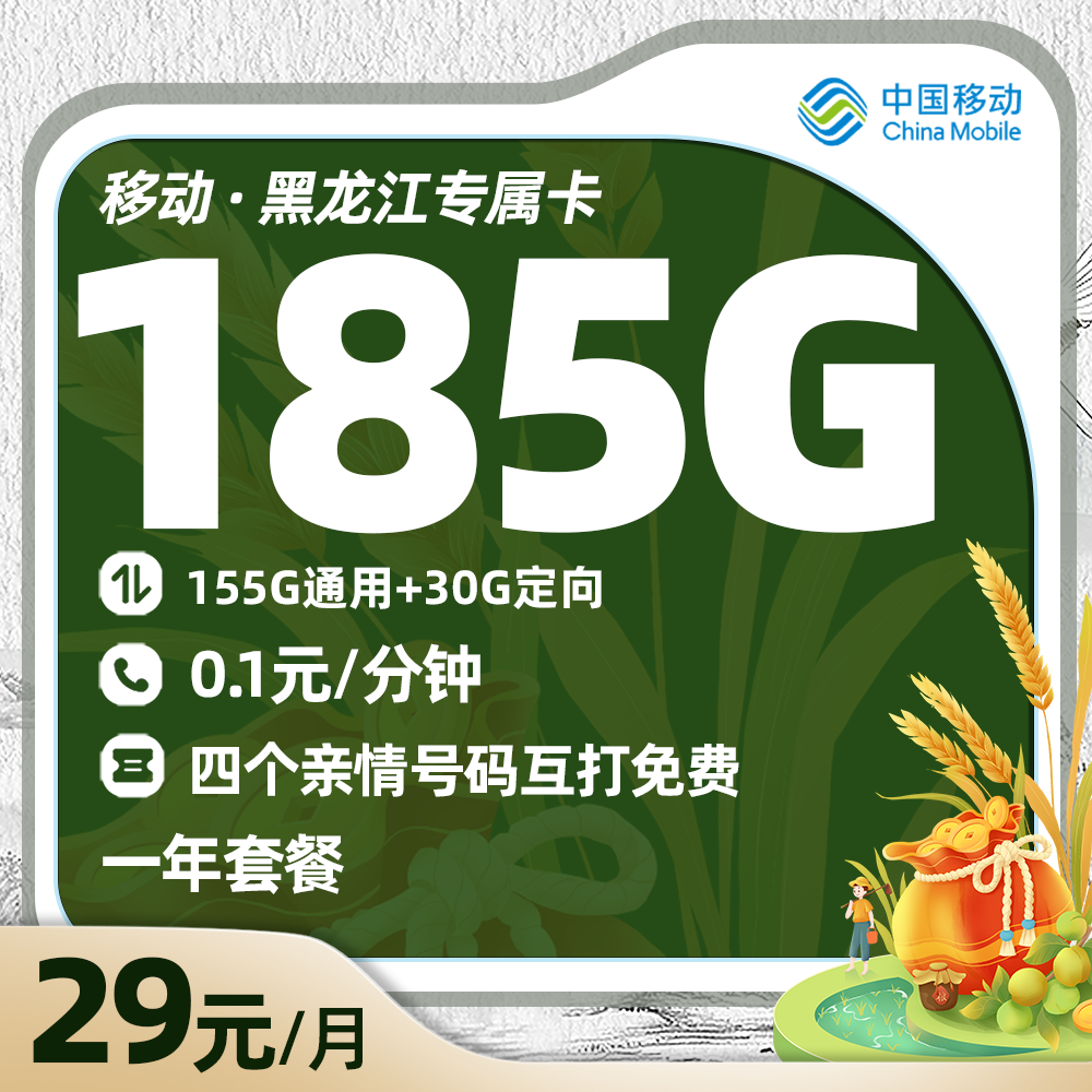 移动黑龙江卡29元/月享155G通用+30G定向流量