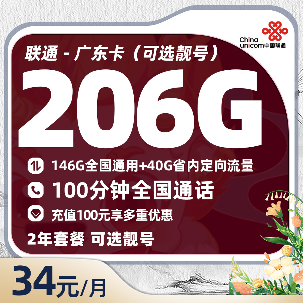 联通广东卡34元/月享205G通用+30G定向（可选靓号）