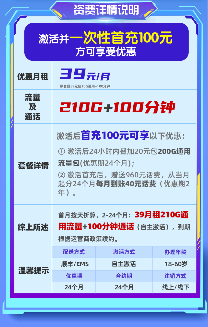 联通沃炎卡39元/月享210G全国通用流量+100分钟通话  第2张