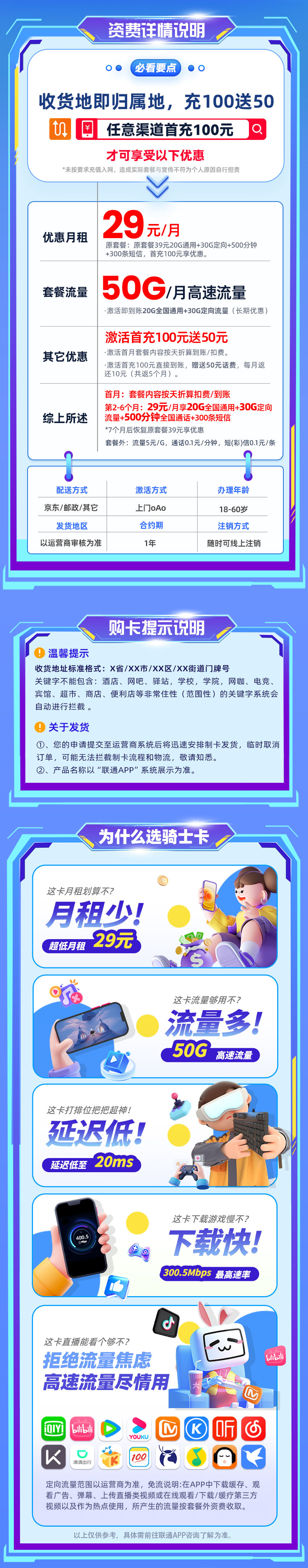 联通骑士卡29元/月享20G全国通用+30G定向流量+500分钟全国通话+300条短信  第2张