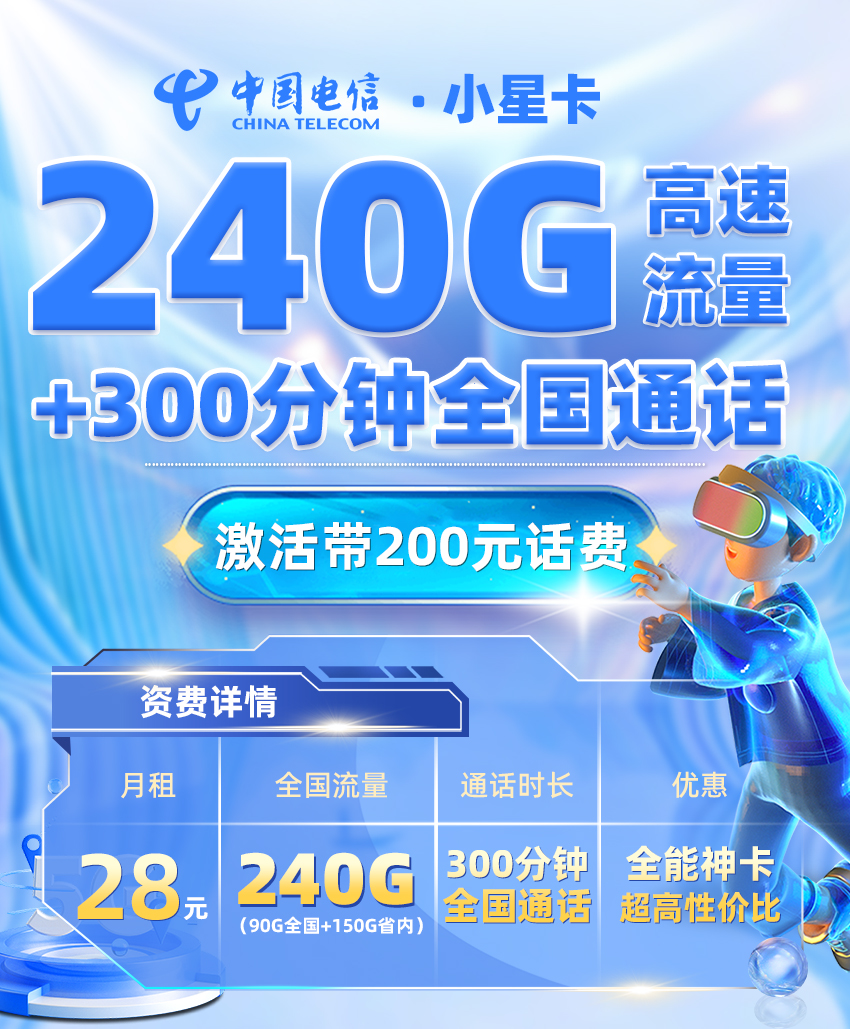 电信小星卡28元/月享60G全国通用+30G定向流量+150G省内通用+300分钟通话+一年会员  第1张