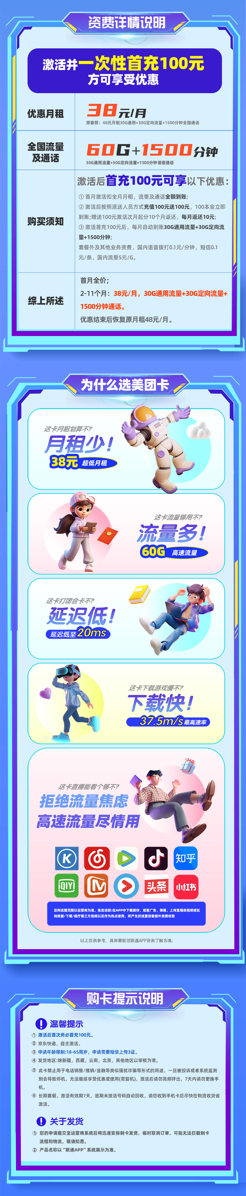 联通美团卡38元/月享60G全国通用+1500分钟语音通话+在线选号  第2张