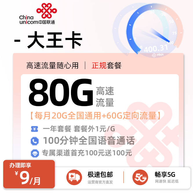 联通大王卡9元/月享20G通用+60G定向+100分钟语音通话（在线选号）