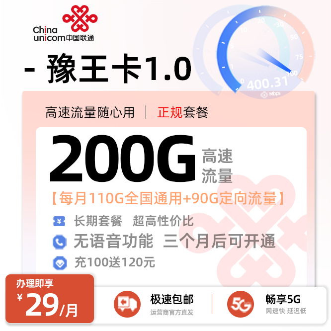 联通豫王卡29元/月享110G全国通用+90G定向流量