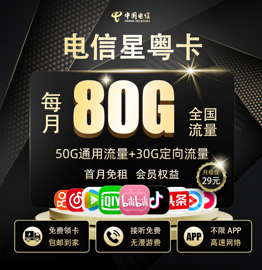 电信星粤卡29元/月享50G通用+30G定向+会员权益  第1张