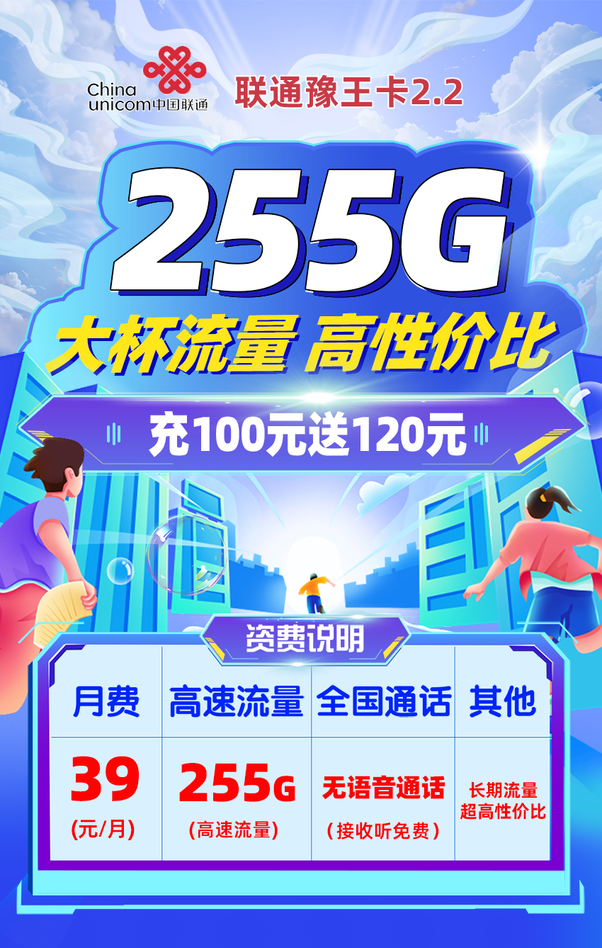 联通豫王卡2.2【39元/月享155G全国通用+100G定向流量】  第1张