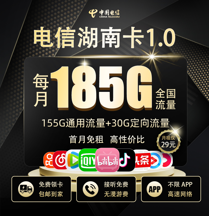 电信湖南卡1.0版29元享185G流量+100分钟通话