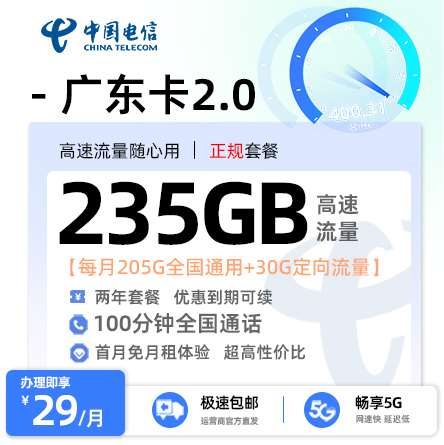 电信广东卡2.0版29元月享235流量+100分钟通话