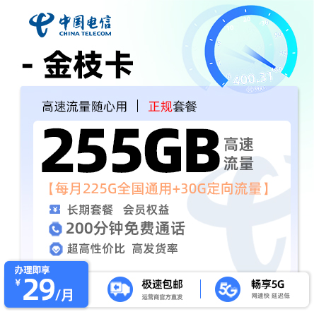 电信金枝卡29元享235G流量+200分钟通话