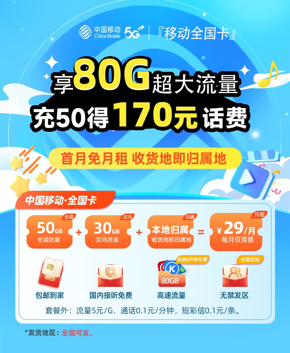 卡多多最新发布：移动全国卡29元月享80G流量  第1张