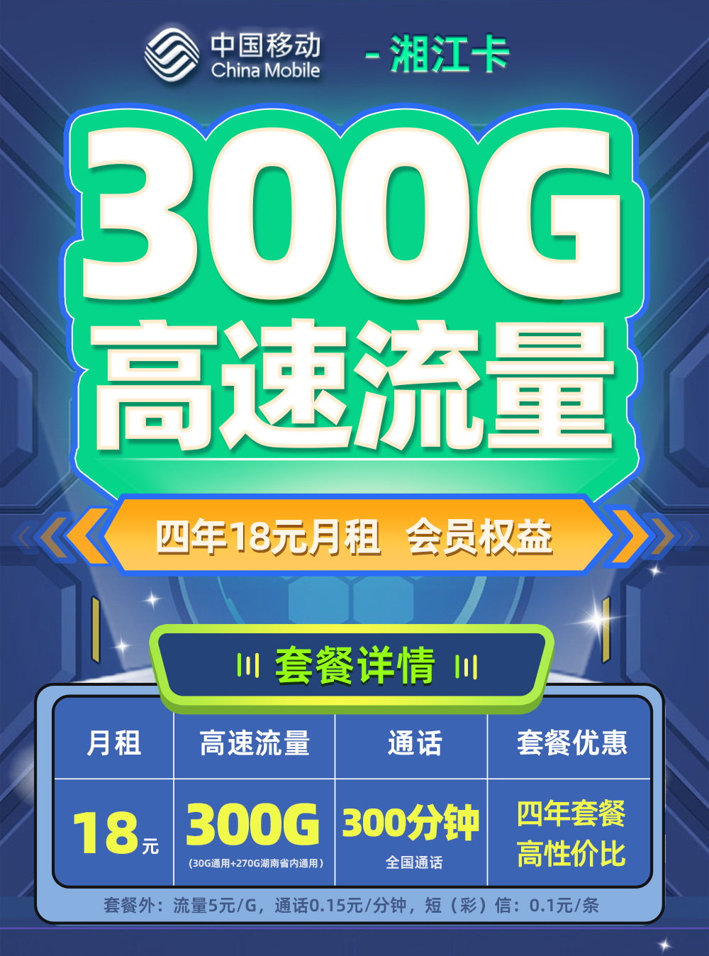 卡多多最新发布：移动湘江卡18元月享300G流量+300分钟通话  第1张