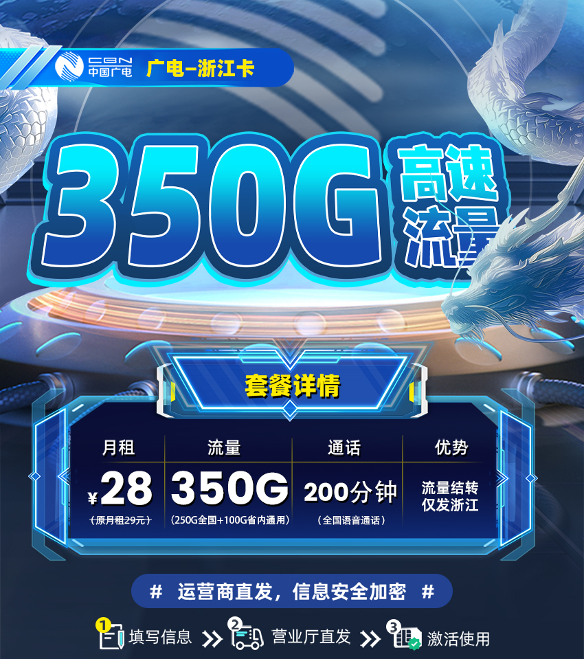卡多多最新发布：广电浙江卡28元月享350G高速流量+200分钟通话  第1张
