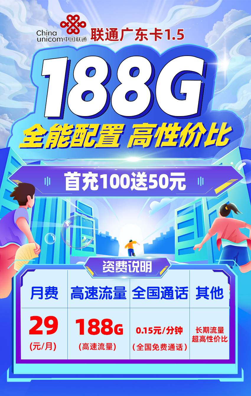 卡多多最新发布：联通广东卡1.5【29元月享188G流量】  第1张
