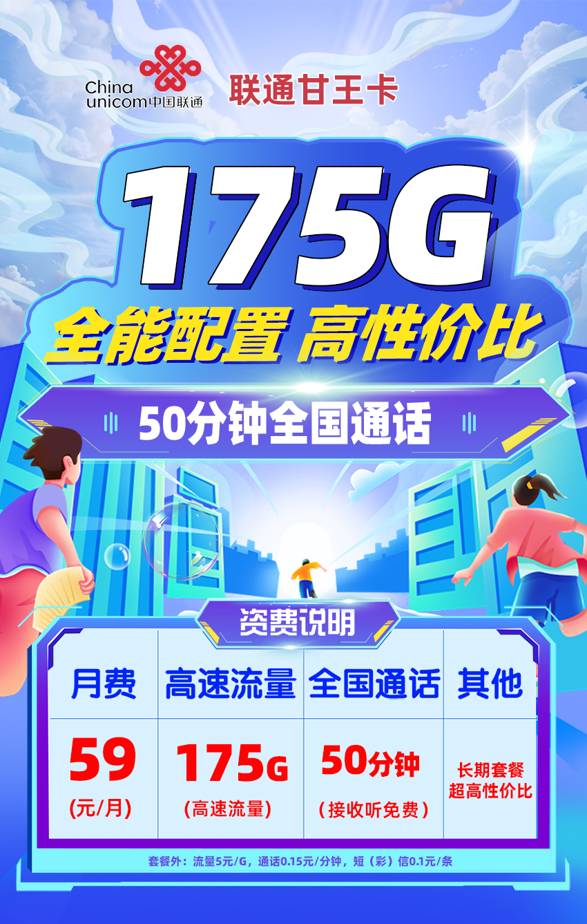 卡多多最新发布：联通甘王卡59元月享175G高速流量+50分钟通话  第1张