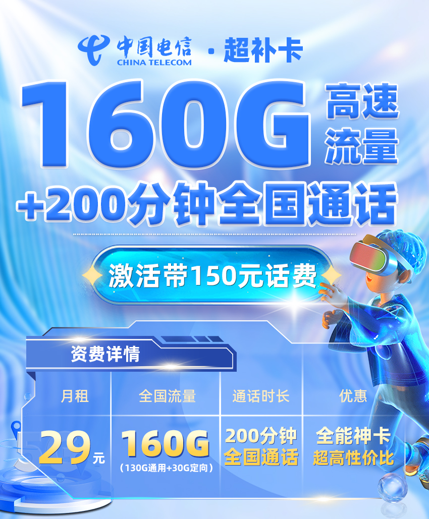 卡多多最新发布：电信超补卡29元/月享160G流量+200分钟通话+会员权益  第1张