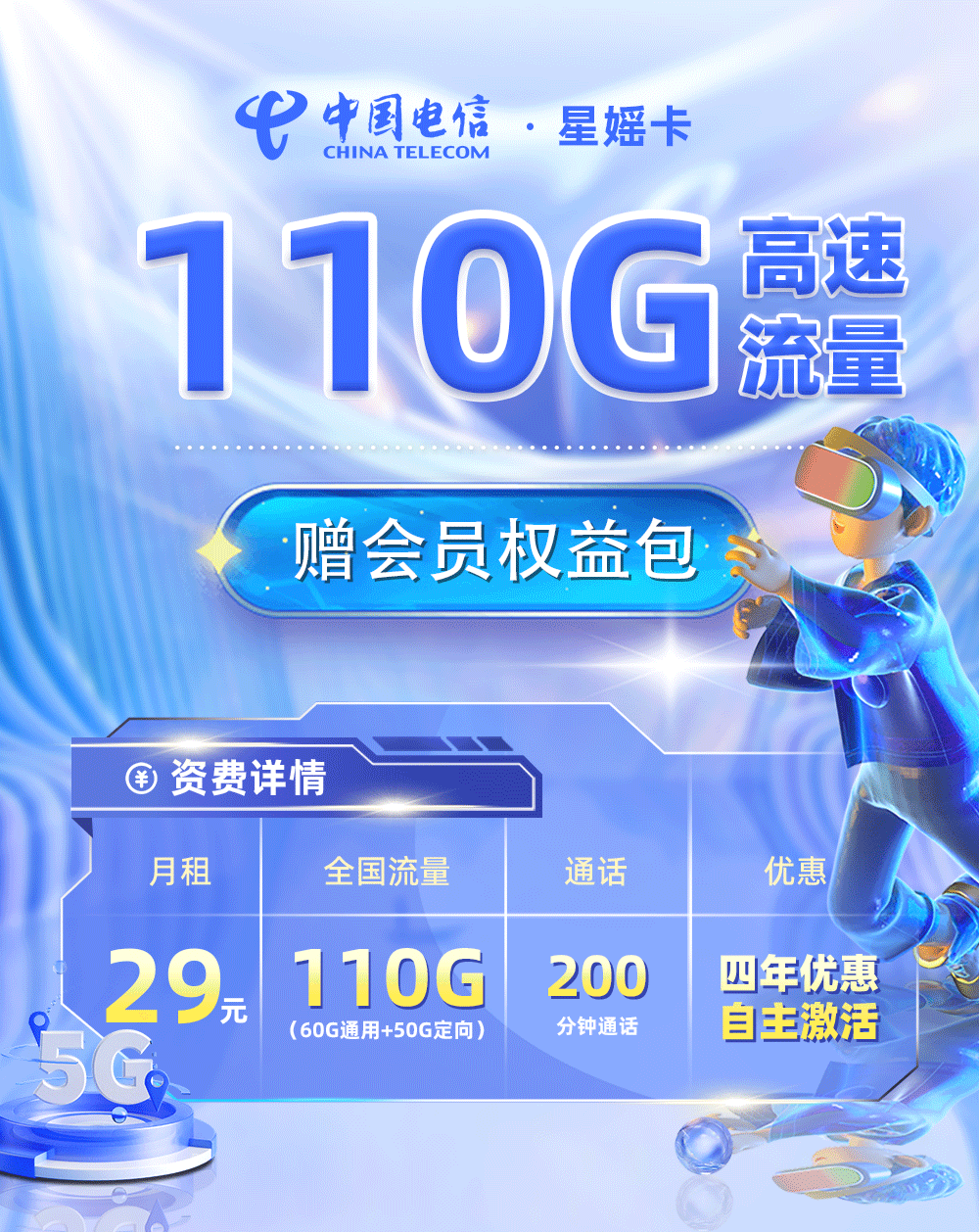 卡多多官方最新发布：电信星媱卡29元月享110G流量+200分钟通话  第1张