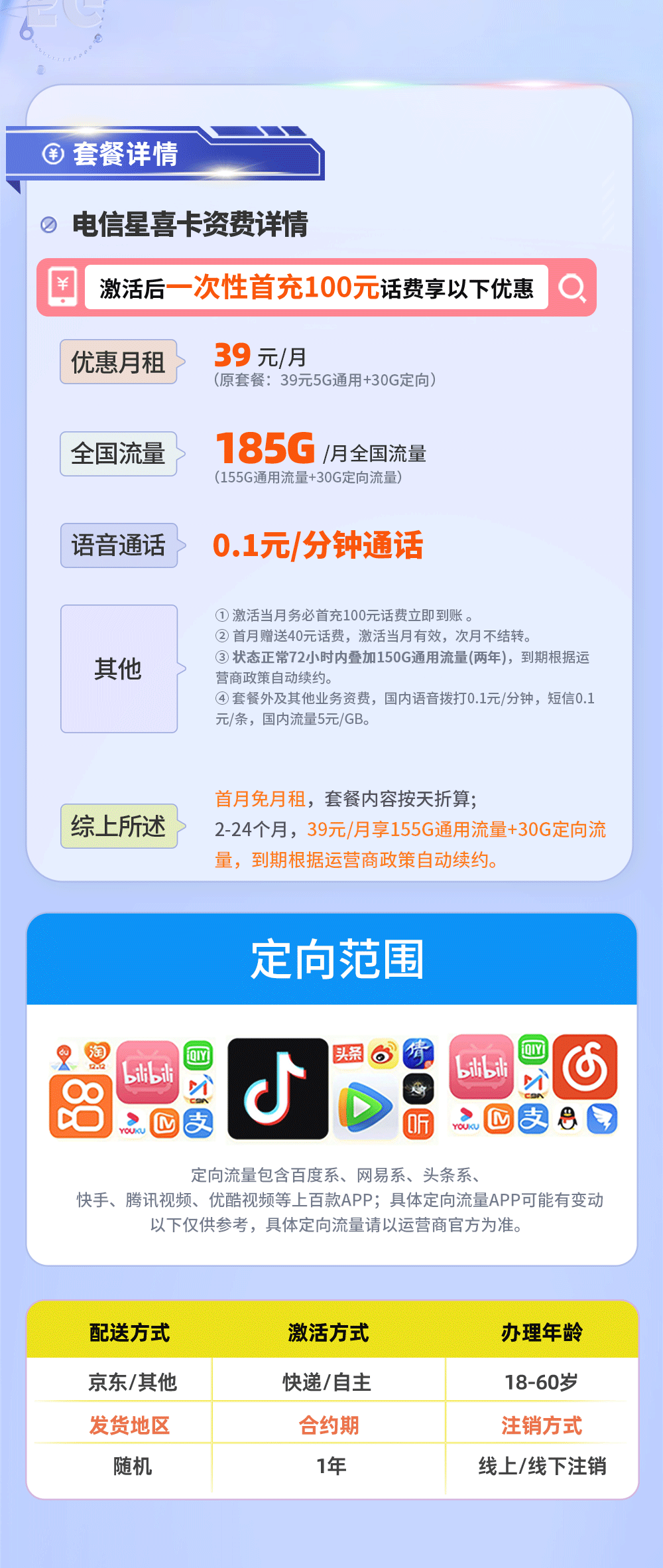 卡多多官方最新发布：电信星喜卡39元月享185G流量【爆款星卡系列】  第2张