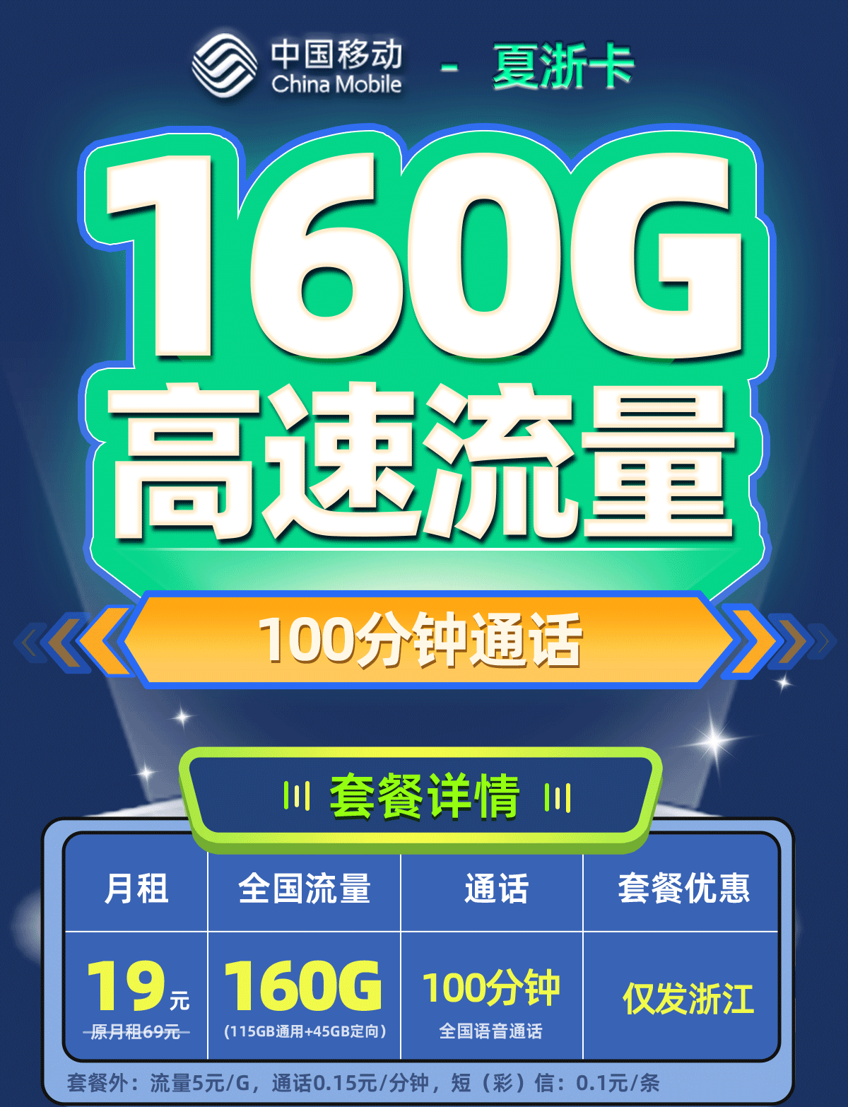 卡多多官方最新发布：移动夏浙卡19元/月享160G流量+100分钟通话【浙江专属】  第1张