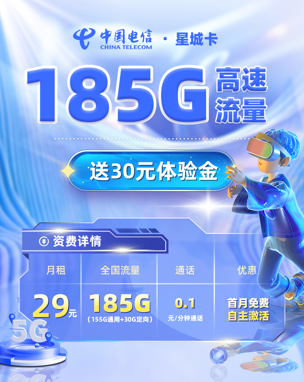 卡多多官方最新发布：电信星城卡29元185G流量【选号版】  第1张