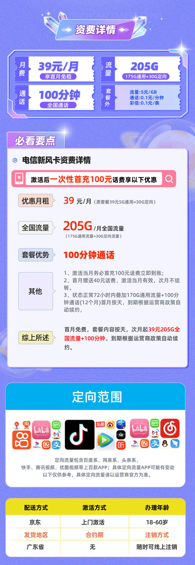 电信新风卡【广东专属】39元享205G全国通用流量+100分钟  第2张