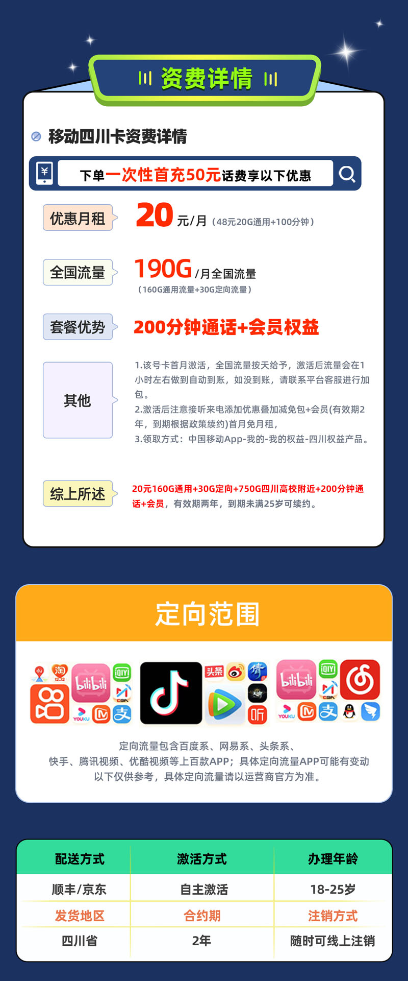 移动四川卡【四川专属】 20元享190G流量+750G高校+200分钟通话+会员  第2张