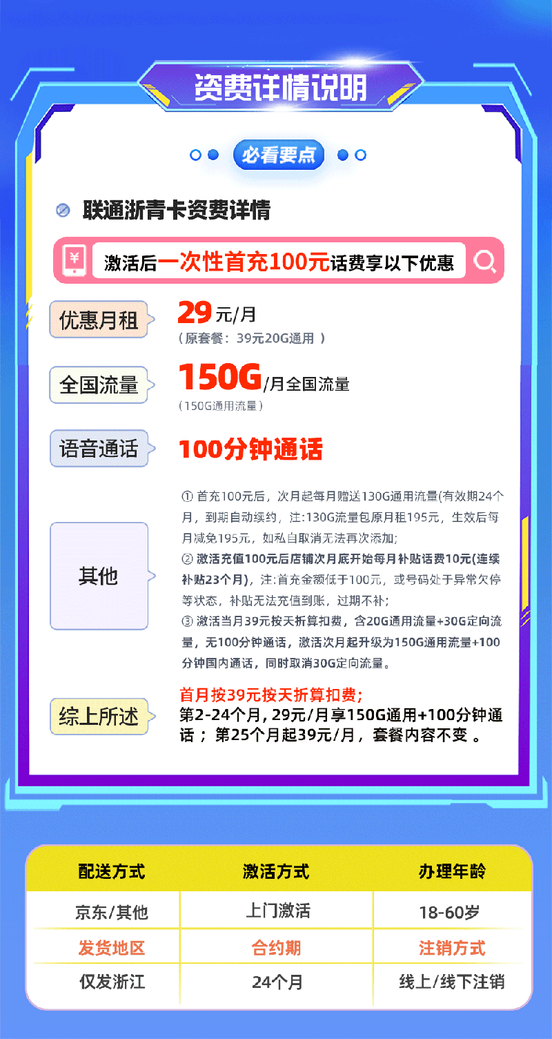 联通浙青卡【浙江专属】29元享150G通用流量+100分钟通话  第2张