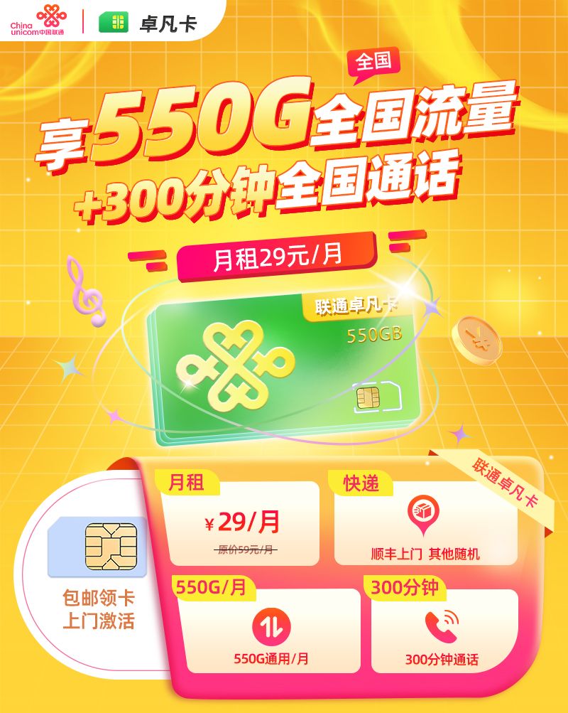 联通爆款：联通卓凡卡29元享550G通用+300分钟通话  第1张