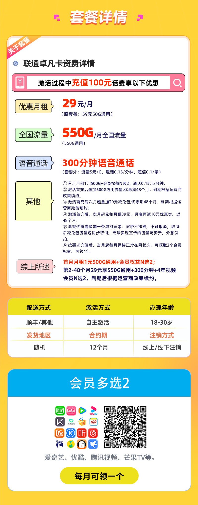联通爆款：联通卓凡卡29元享550G通用+300分钟通话  第2张